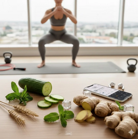 femme sui fait du yoga en fond et devant des ingrédients des canettes hydraboost