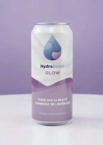 Canette hydraboost Glow en gros plan sur un fond rose