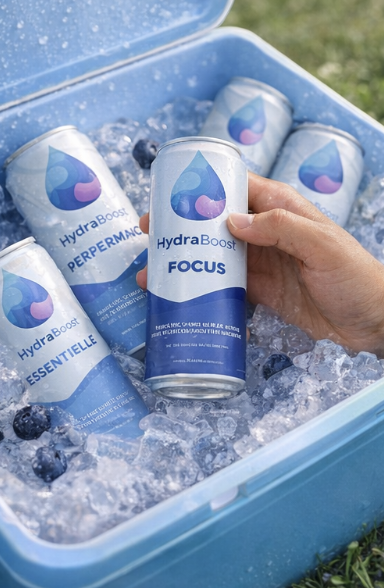 Canettes hydraboost dans une glacière avec des glaçons