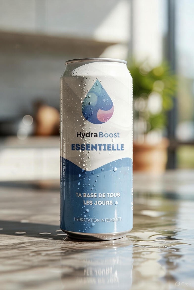 Canette hydraboost essentielle sur une table mouiller avec des gouttes d'eau sur la canettes