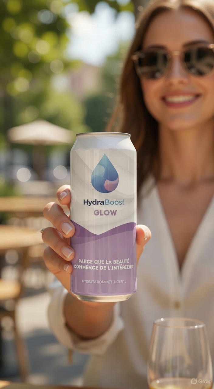 femme qui montre la canette hydraboost GLOW