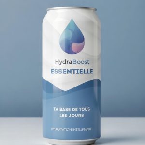 gros plan canette hydraboost essentielle sur fond bleu