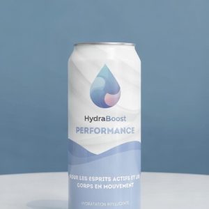 Canette hydraboost performance en gros plan, sur un fond bleu