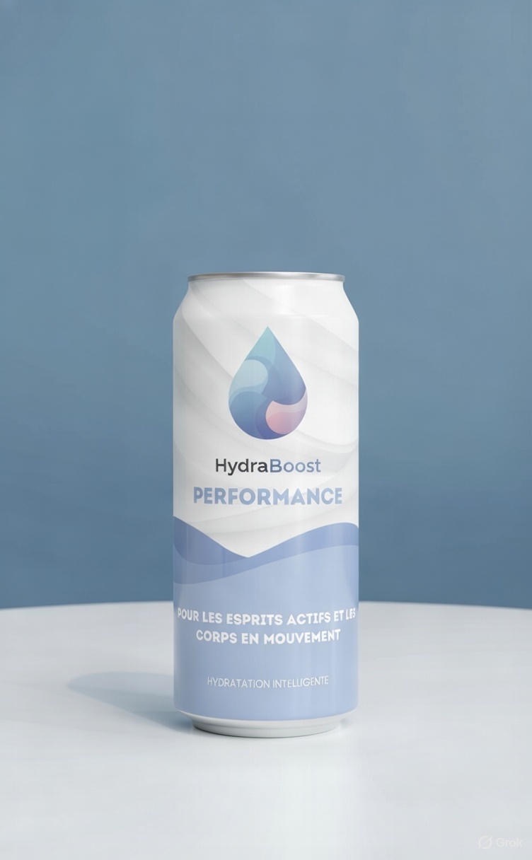 Canette hydraboost performance en gros plan, sur un fond bleu